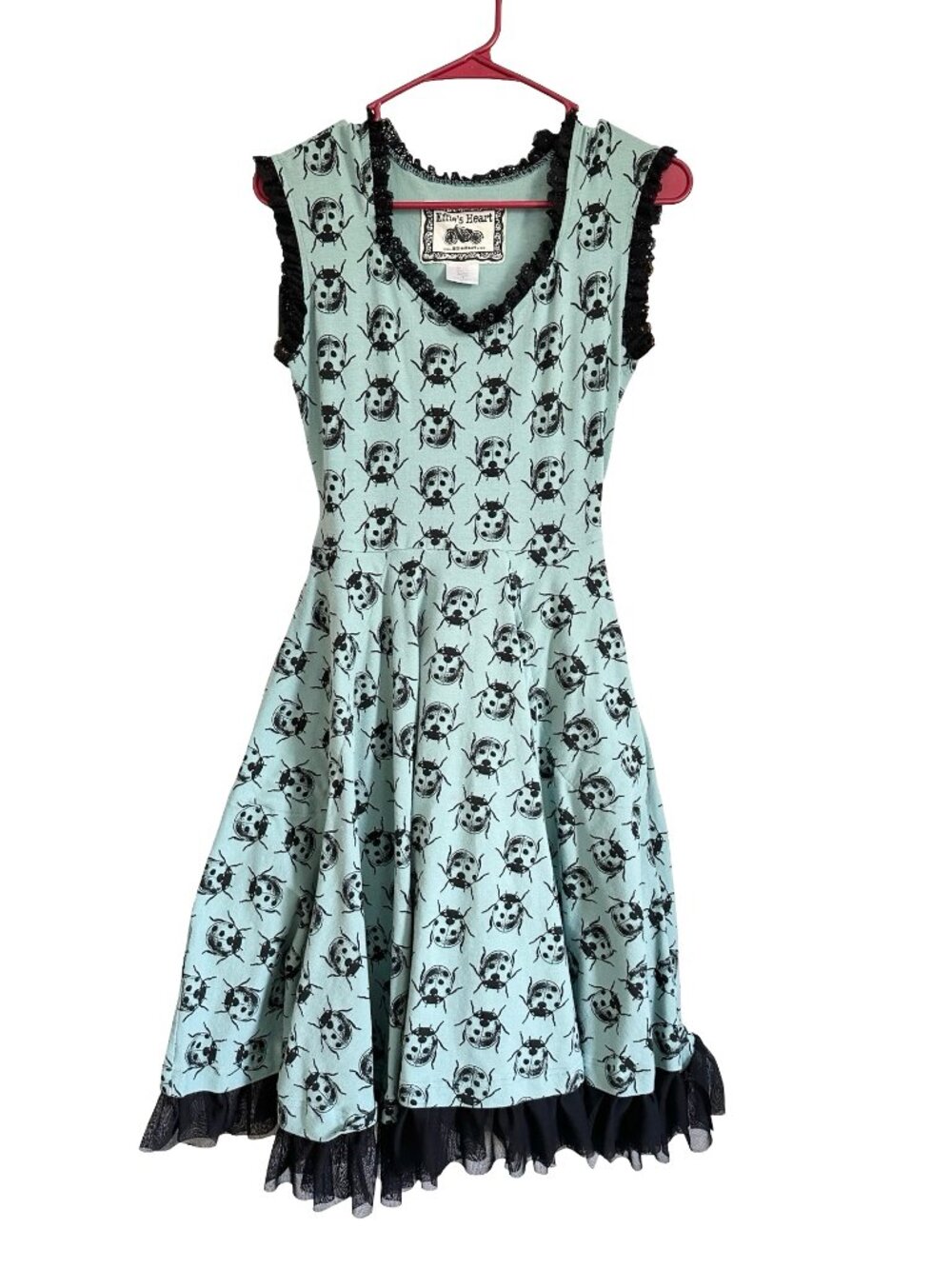 Effie’s Heart Ladybug Dress Size S Blue Black Insect Print Lace Trim Fit & Flare